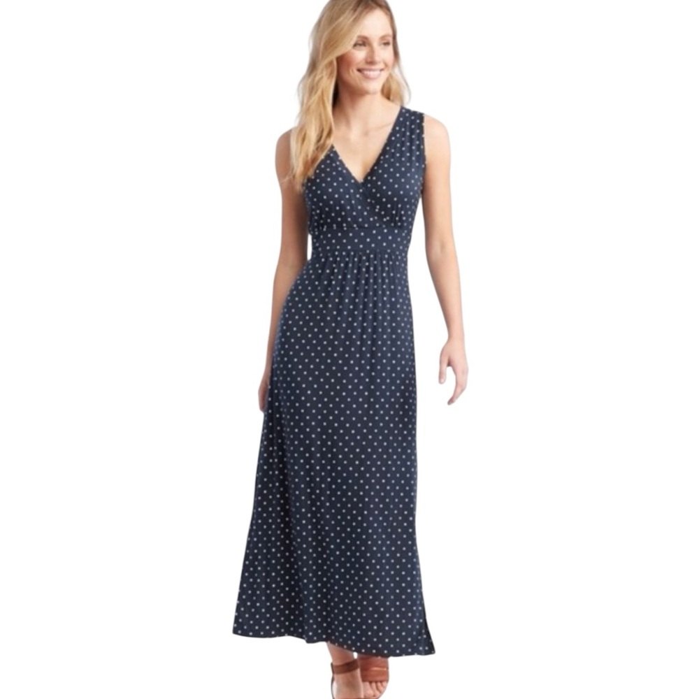 L.L. Bean Women's Summer Knit Maxi Dress Navy Blue White Polka Dots Size XL P